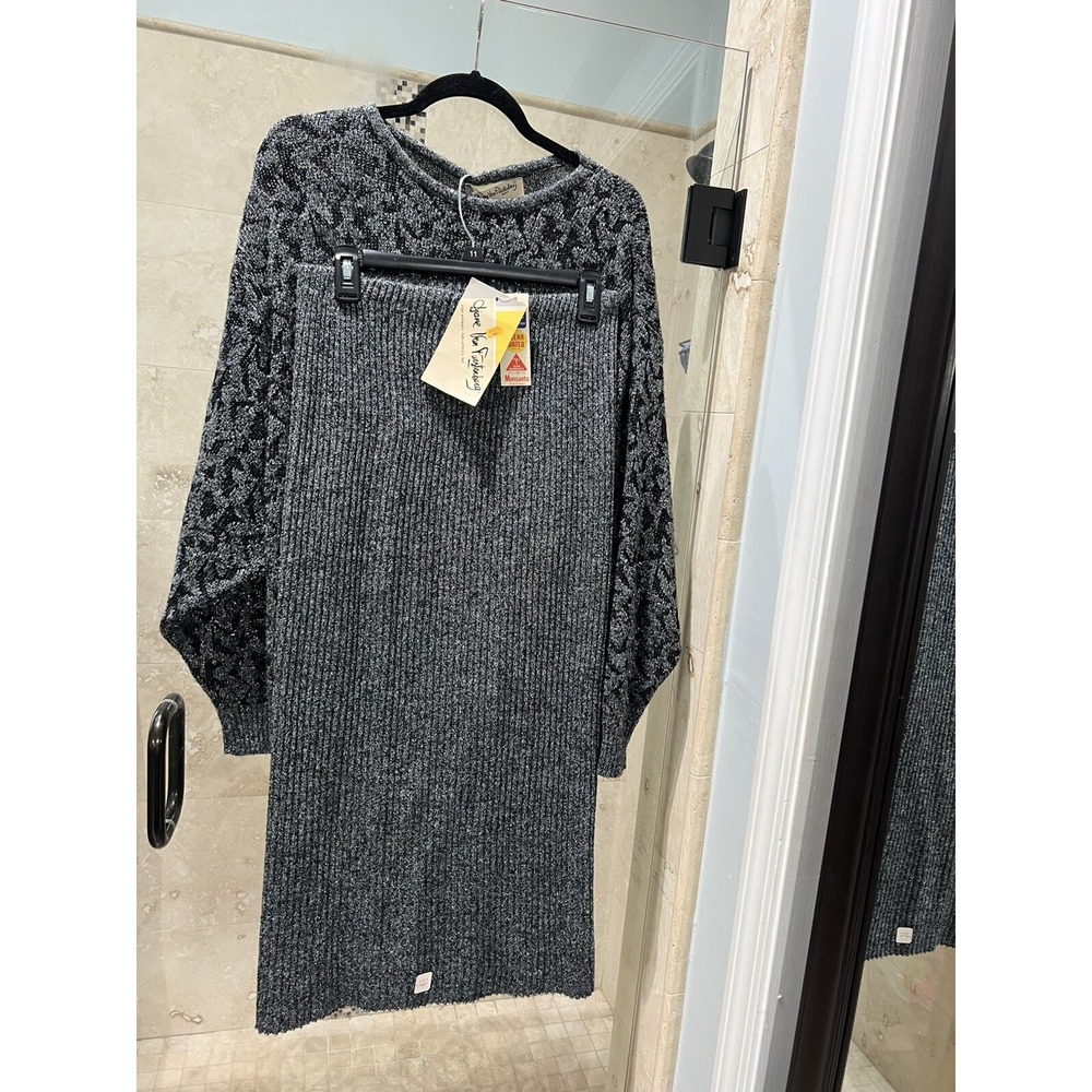Vintage 1980s Diane Von Furstenberg Gray Metallic Sweater & Midi Skirt Set M